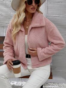 SHEIN Clasi Drop Shoulder Teddy Jacket - Dusty Pink - View 3