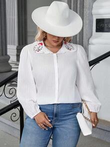 Calvaya Plus Floral Embroidery Lantern Sleeve Shirt - White - View 7
