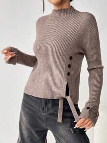 SHEIN Unity Sweater With Drop Shoulder And Button Details Knit Pullover Fall Winter Sweater - Coffee Brown - View 5