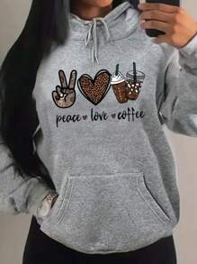 SHEIN EZwear 大尺碼女士豹紋和咖啡圖案心形細節運動衫 - 灰色 - 查看 1