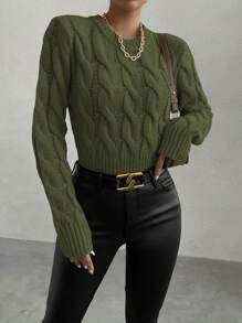 Chiquease Solid Color Pullover Knit Pullover Fall Winter Sweater - Army Green - View 5