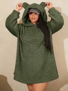 SHEIN CURVE+ Đầm nỉ kiểu gấu bông thiết kế tai 3D, vai rớt, cỡ lớn - xanh quân đội - Xem 1