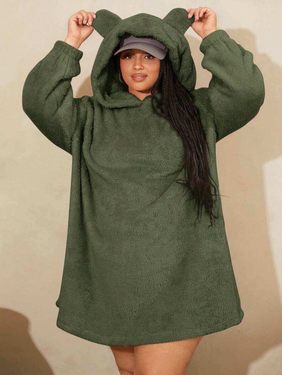 SHEIN CURVE+ Đầm nỉ kiểu gấu bông thiết kế tai 3D, vai rớt, cỡ lớn - xanh quân đội - Xem 1