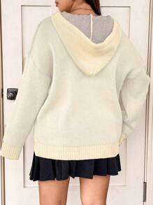 Flirla Plus Size Cartoon Face Pattern Hooded Sweater Knit Pullover Fall Winter Sweater - Beige - View 2