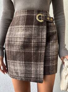 EURMUSE Ladies' Plaid Skirt With Metal Buckle - Brown - View 1