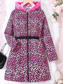 SHEIN 女童時尚豹紋數字圖案連帽外套 - 粉色 - 查看 1