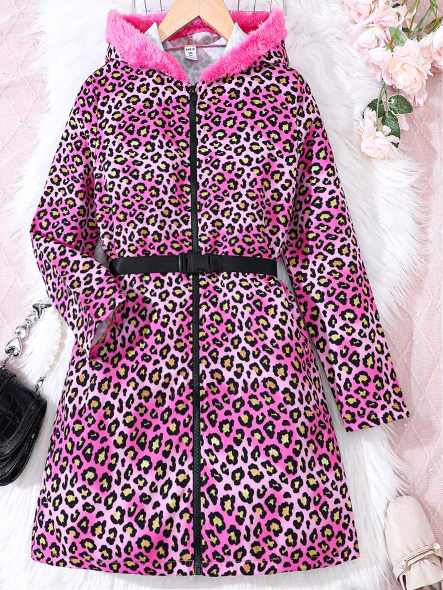 SHEIN 女童時尚豹紋數字圖案連帽外套 - 粉色 - 查看 1