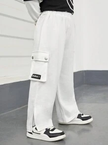 SHEIN 男小童字母貼布側翻蓋口袋下擺開叉衛褲 - 白色 - 查看 1