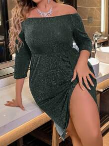 Allurite Plus Size Green Off Shoulder Sparkly Slit Dress - Dark Green - View 6
