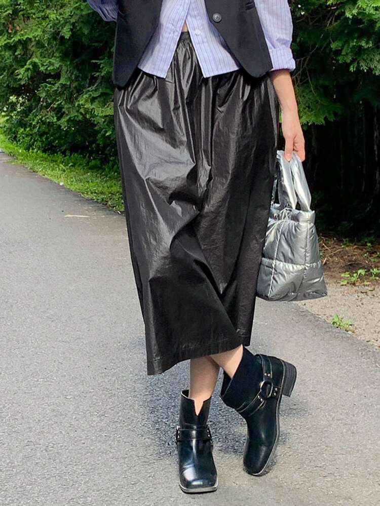 Solid Slant Pocket Elastic Waist Skirt Leather Skirt