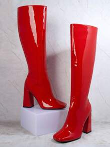 SHUZIA 女士时尚精致设计方头粗跟过膝靴 - 紅色 - 查看 2