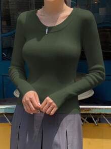 DAZY 女士纯色圆领长袖休闲商务套头衫，秋季，长袖上衣，秋季女装 - 軍綠色 - 查看 5