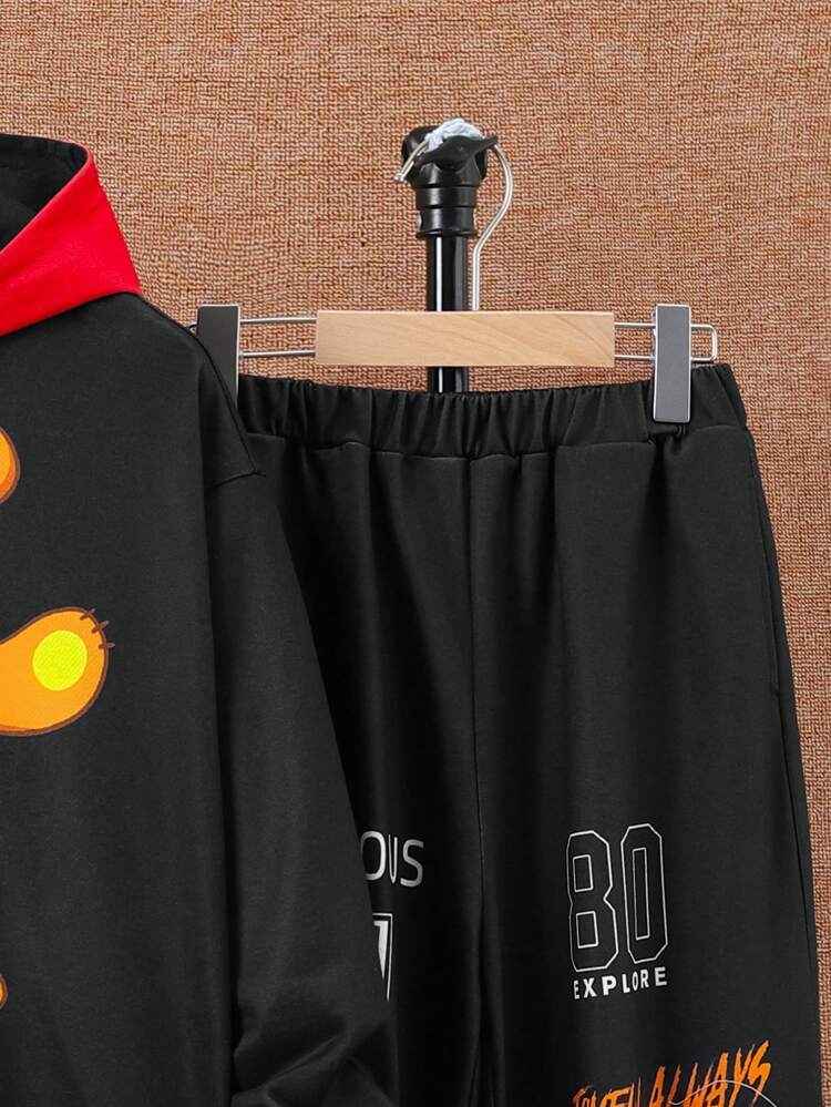 Tween Boy Bear And Letter Graphic Two Tone Hoodie & Sweatpants Without Tee