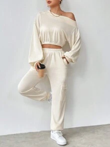 Chiquease 女性不對稱領口運動衫套裝 - 杏色 - 查看 1