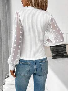 SHEIN Clasi Swiss Dot Lantern Sleeve Mock Neck Top - White - View 2