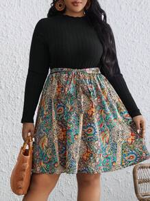 SHEIN VCAY Plus Paisley Print Belted Dress - Multicolor - View 3