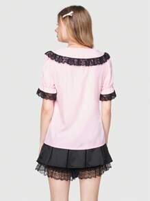 ROMWE Kawaii 女性蕾絲邊裝飾的粉紅色鈕扣前衣服 - 粉色 - 查看 5