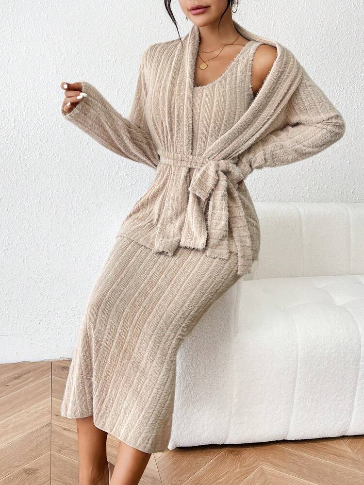 Women's Belted Coat And Sleeveless Dress Set