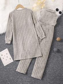 SHEIN Tween Girl Casual & Elegant Áo ba lỗ ấm áp, quần dài và áo khoác dài Bộ 2-3 chiếc - Màu be - Xem 2