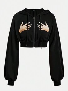SHEIN EZwear 手掌圖案拉鏈開襟落肩袖抽繩短款連帽衫 - 黑色 - 查看 1