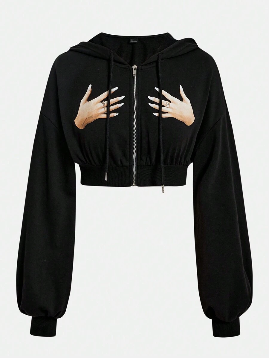 SHEIN EZwear 手掌圖案拉鏈開襟落肩袖抽繩短款連帽衫 - 黑色 - 查看 1