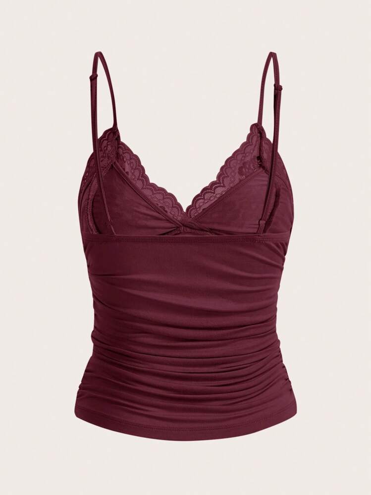 SHEIN ICON Elegantes, einfarbiges, kontrastierendes, gerafftes Y2K-Camisole-Top mit Spitze - Bordeaux - Übersicht 2