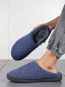 男士家居拖鞋 冬季絨面保暖 情侶鞋 戶外防滑拖鞋 - 寶藍色 - 查看 2