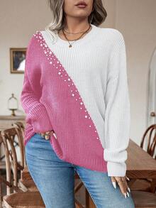 Calvaya 加大号色块钻珠装饰套头毛衣 - 彩色 - 查看 5