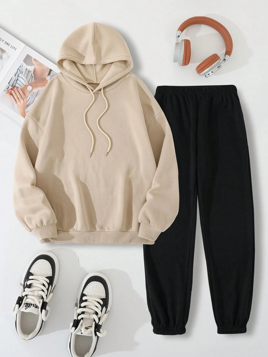 SHEIN EZwear Dây rút Áo nỉ có mũ Và Quần thể thao Bộ - Màu be - Xem 1