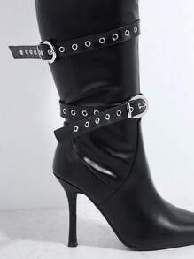 搭扣帶側拉鍊靴 - 黑色 - 查看 2