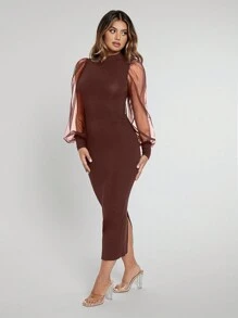SHEIN SXY 撞色網眼燈籠袖開衩下擺修身連身裙 - 咖啡棕 - 查看 4