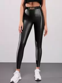 SHEIN Frenchy 鏈條細節PU皮革緊身褲 - 黑色 - 查看 1