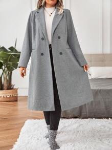 SHEIN Unity Talla grande Abrigo de cuello con solapa de doble botonadura - Gris - Ver 5