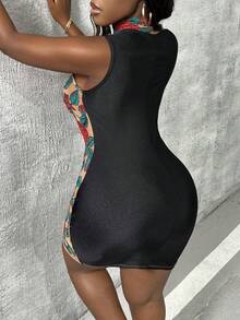 Slaydiva 2024 Sexy Summer Music Festival Streetwear Casual Slim Fit High-Neck Rose Flower Mesh Semi-See-Through Tight PU Leather Splicing High Elasticity Women Mini Dress For Valentine Day, Date, Holiday Party - Multicolor - View 2