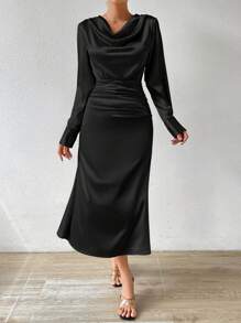 Zolique 女款兜帽領褶皺雪紡時尚連衣裙 - 黑色 - 查看 3