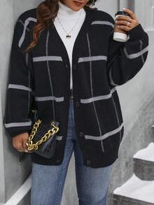 Calvaya Plus Size Women's Striped Cardigan - Black - View 6