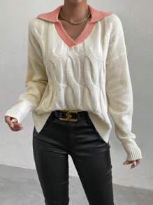 SHEIN LUNE Của phụ nữ Nối Cổ bò Xoắn Dan Thả vai Cái nĩa cao Hem Áo len - Nhiều màu - Xem 1