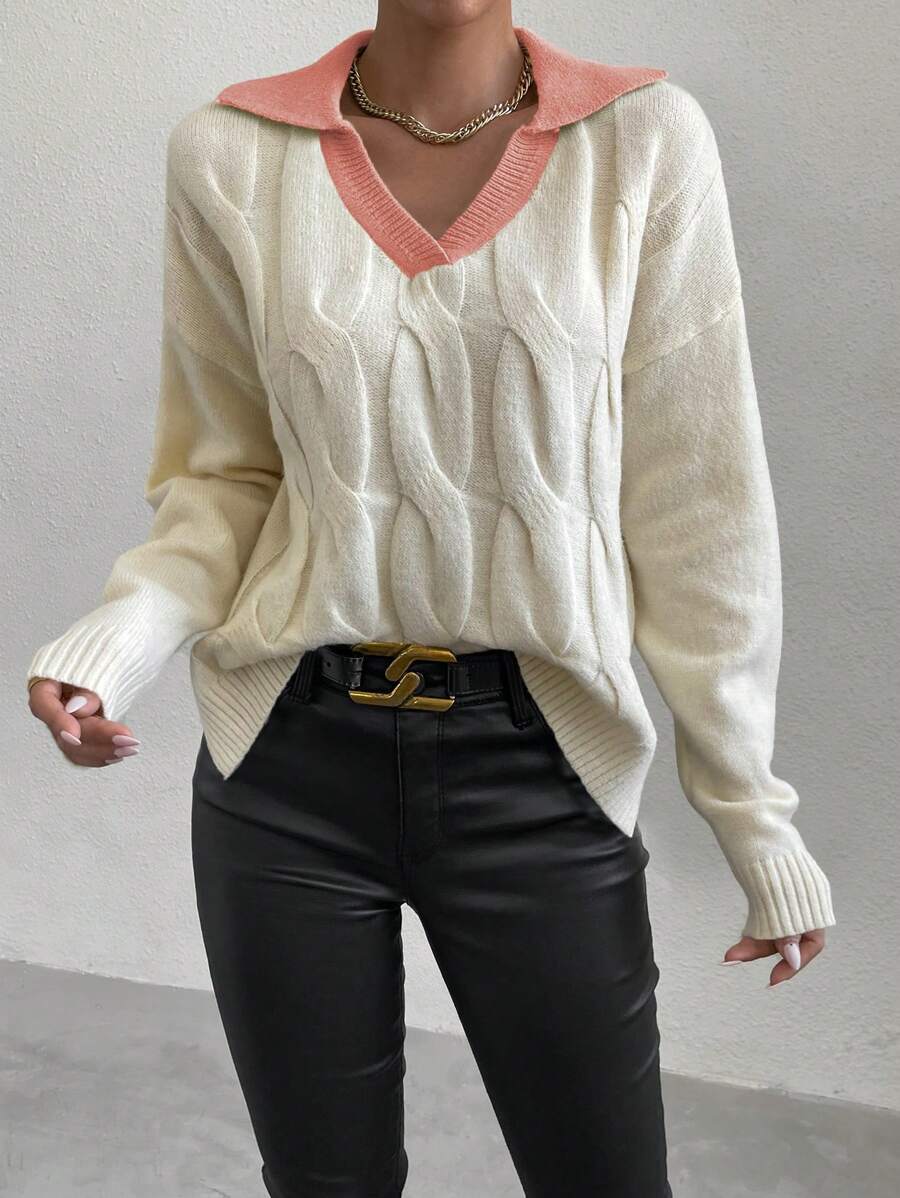 SHEIN LUNE Của phụ nữ Nối Cổ bò Xoắn Dan Thả vai Cái nĩa cao Hem Áo len - Nhiều màu - Xem 1