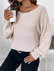 SHEIN Essnce 女式圓領落肩毛衣 - 卡其色 - 查看 6