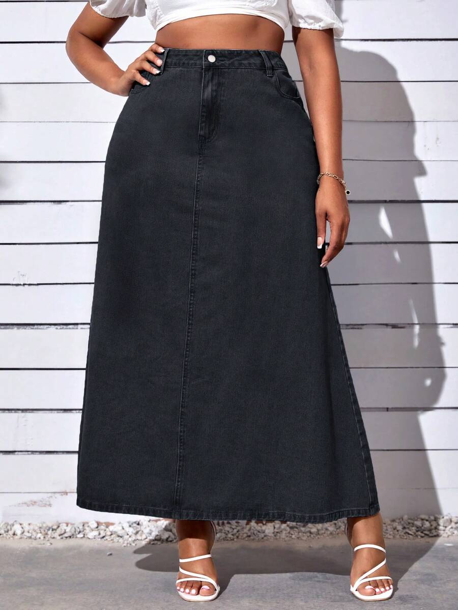 大尺碼純色牛仔裙 - 灰色 - 查看 1