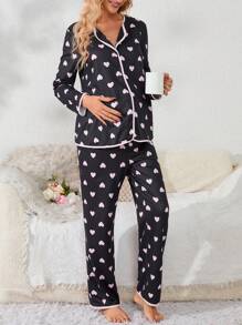 Moonlight&Mama Maternity Love Print Contrast Trim Pajama Set For Mother - Black - View 3