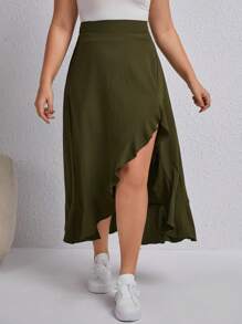 SHEIN LUNE Plus Ruffle Trim Split Thigh Skirt - Army Green - View 4