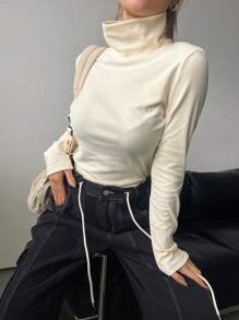 DAZY 女式立领打底 T 恤长袖女上衣，秋季女装高领衫 - 米色 - 查看 4