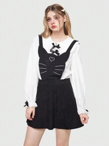 ROMWE Kawaii Women's Cartoon Cat Printed Suspender Dress With Pleated Hem - Black - View 3