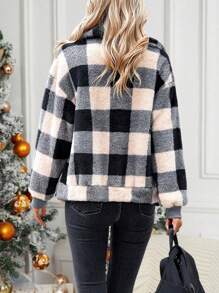 SHEIN LUNE 大方格圖案落肩袖絨毛外套 - 駝色 - 查看 2