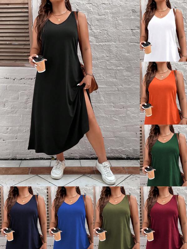 Calvaya Plus Size Women's Solid Color Side Split Tank Dress Maxi Women Outfit
