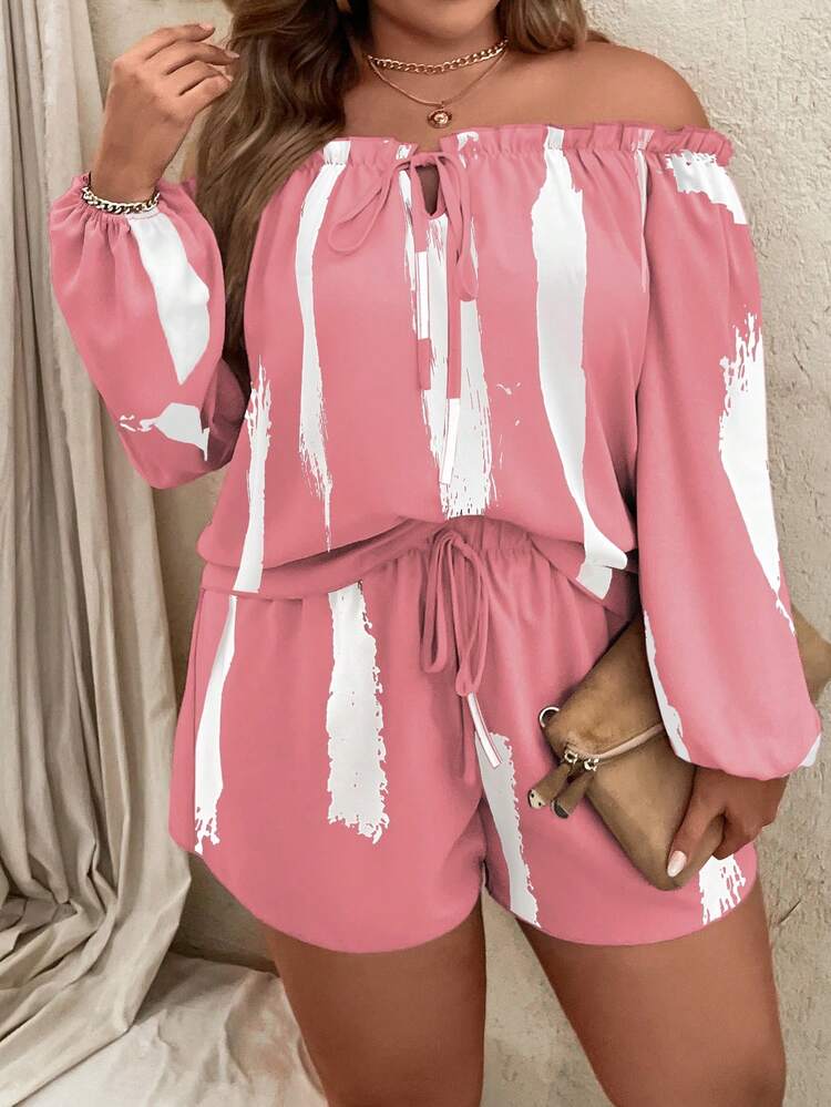 SHEIN Holidaya 大碼筆刷圖案一字肩燈籠袖上衣和短褲 - 粉色 - 查看 5