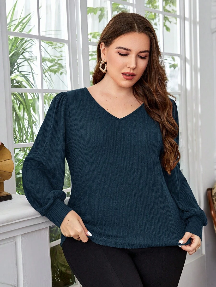 EMERY ROSE Plus Size V Neck Lantern Sleeve T-shirt - Navy Blue - View 1