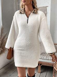 Chiquease 女士豹紋拼接翻領下肩燈籠袖連衣裙 - 白色 - 查看 5