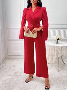 Lapel Neck Split Sleeve Belted Jumpsuit - Red - View 4